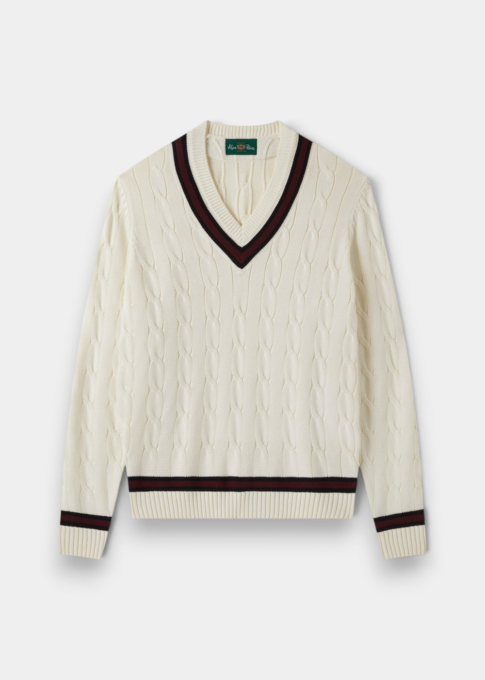 Alan Paine Sandridge ecru cotton cable knit cricket jumper with dark navy and burgundy V-neck and hem trim.