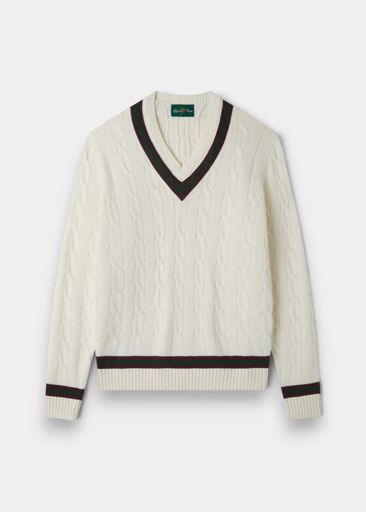 Alan Paine Sandridge ecru cotton cable knit cricket jumper with V-neck and green and burgundy striped trim