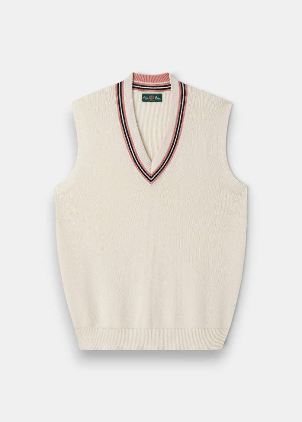 Alan Paine ladies ecru cotton cricket slipover featuring a V-neck with dusk pink and dark navy striped trim.