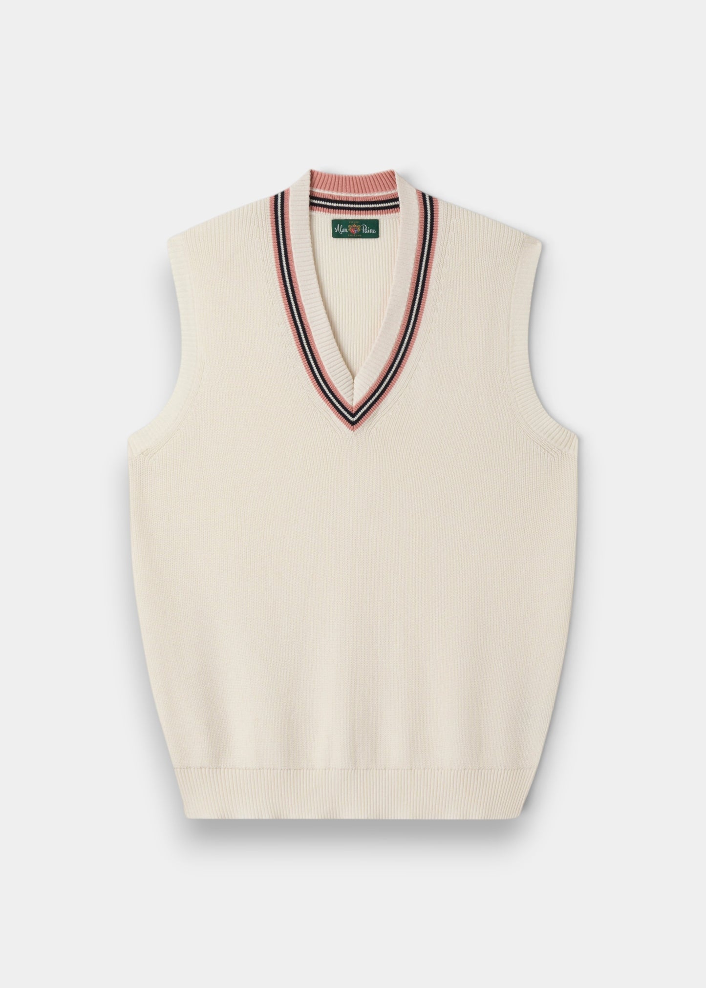 Alan Paine ladies ecru cotton cricket slipover featuring a V-neck with dusk pink and dark navy striped trim.