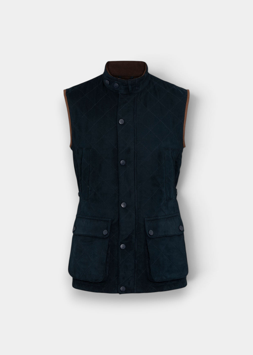 Alan Paine Felwell men's dark navy quilted waistcoat with a fleece-lined collar and flap-secured bellow pockets.