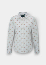 Lawen Cotton Floral Print Shirt, regular fit, longer length, minimal iron, pink flowers on white.