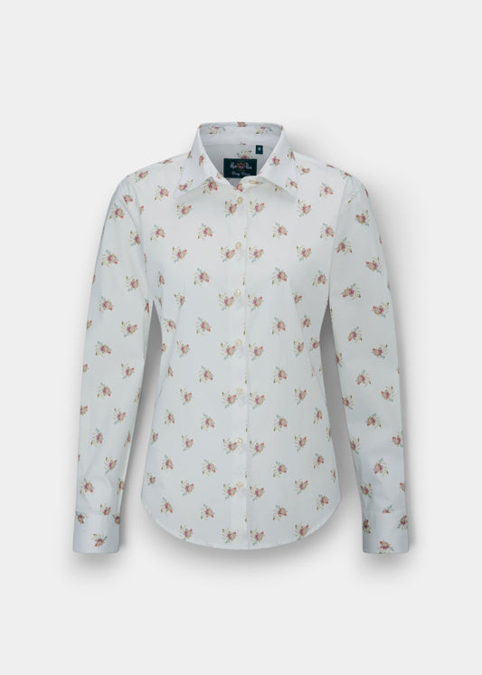 Alan Paine ladies long-length cotton shirt in white with a delicate pink and green floral print and button-up front.