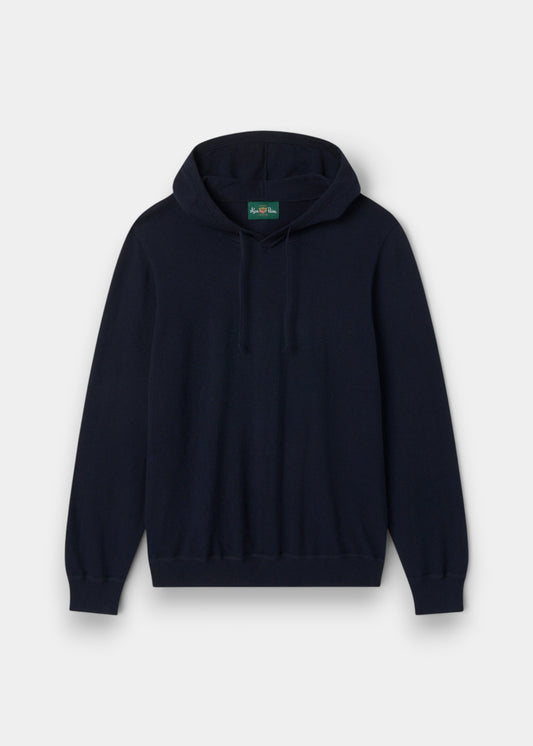 Alan Paine Gaisby dark navy hoodie crafted from a soft cotton and merino wool blend with a classic drawstring hood.