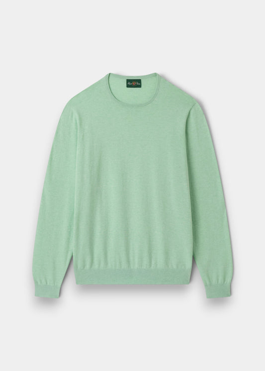 Alan Paine men's luxury grass green crew neck jumper made from a soft pima cotton, silk, and cashmere blend.