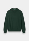 Alan Paine men's green crew neck jumper in a soft pima cotton, silk, and cashmere blend with ribbed cuffs and hem.