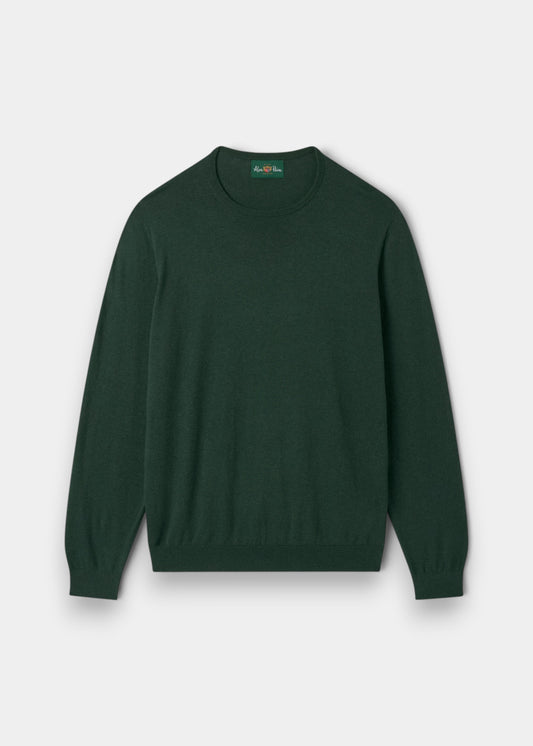 Alan Paine men's green crew neck jumper in a soft pima cotton, silk, and cashmere blend with ribbed cuffs and hem.