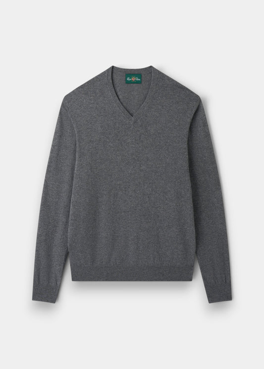 Alan Paine Haddington grey cashmere v-neck jumper with ribbed hem and cuffs in a regular fit