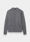 Alan Paine grey lambswool cardigan with a V-neck, five-button front, and two jetted pockets in a classic fit.