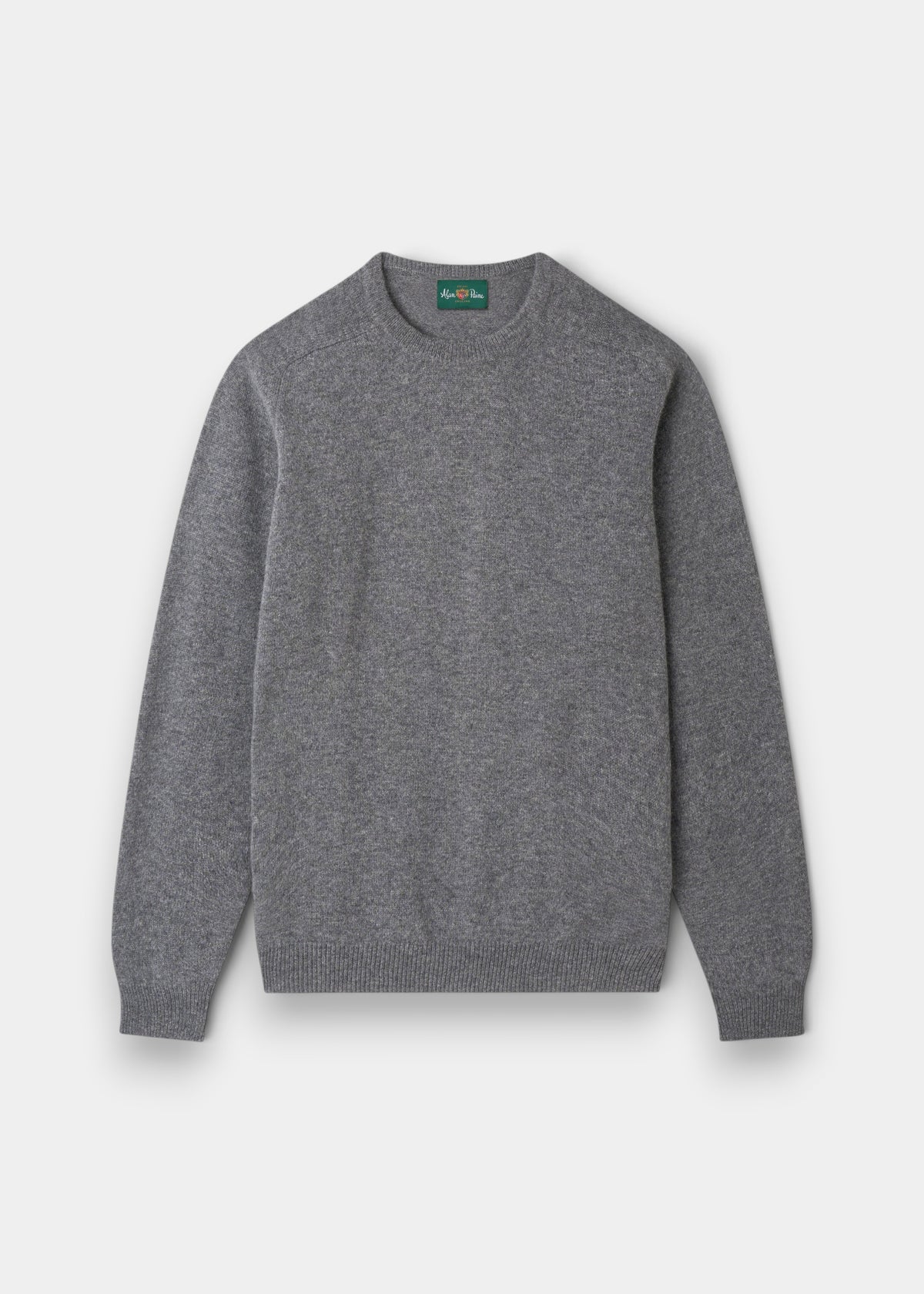 Lenzie Lambswool Crew Neck Jumper in Grey Mix, regular fit, long sleeves, ribbed cuffs/waistband on white background.