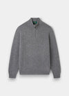 Alan Paine grey lambswool quarter zip jumper with a mock neck, ribbed cuffs, and a leather zip pull.