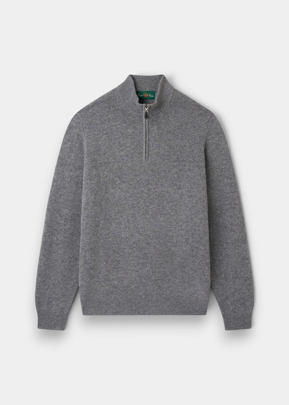 Alan Paine grey lambswool quarter zip jumper with a mock neck, ribbed cuffs, and a leather zip pull.