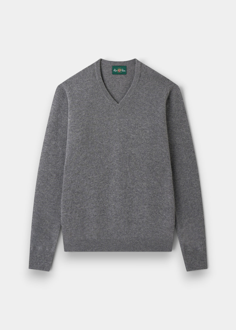 Hampshire Lambswool V-Neck Jumper in Grey Mix, classic fit; soft, all-season sweater laid flat on white background.