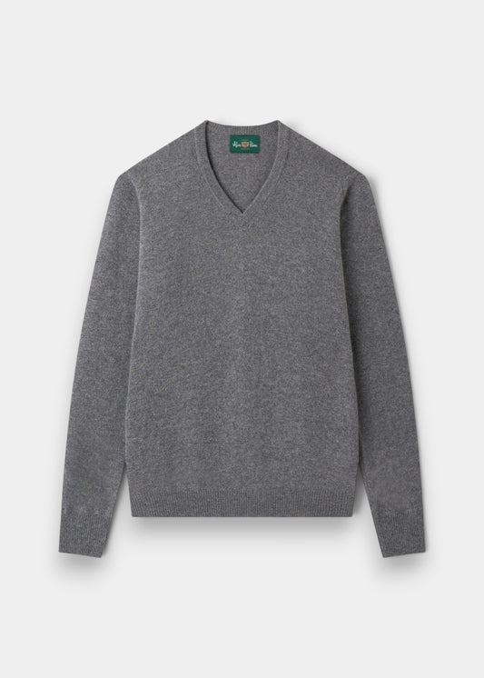 Alan Paine grey mix V-neck jumper in soft lambswool with a classic fit, saddle shoulders, and ribbed trim.