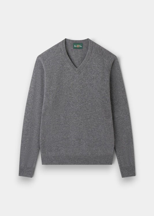Alan Paine Kilsyth men's grey mix V-neck jumper in soft lambswool with ribbed hem and cuffs