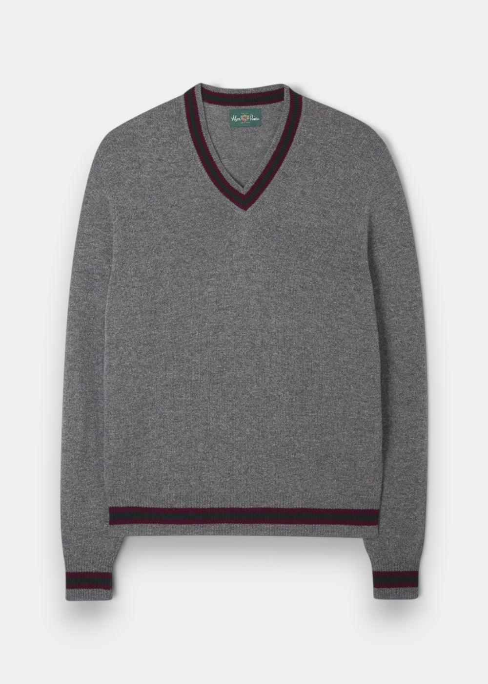 Alan Paine grey lambswool V-neck sweater with heritage-coloured trim on the collar, cuffs, and hem.
