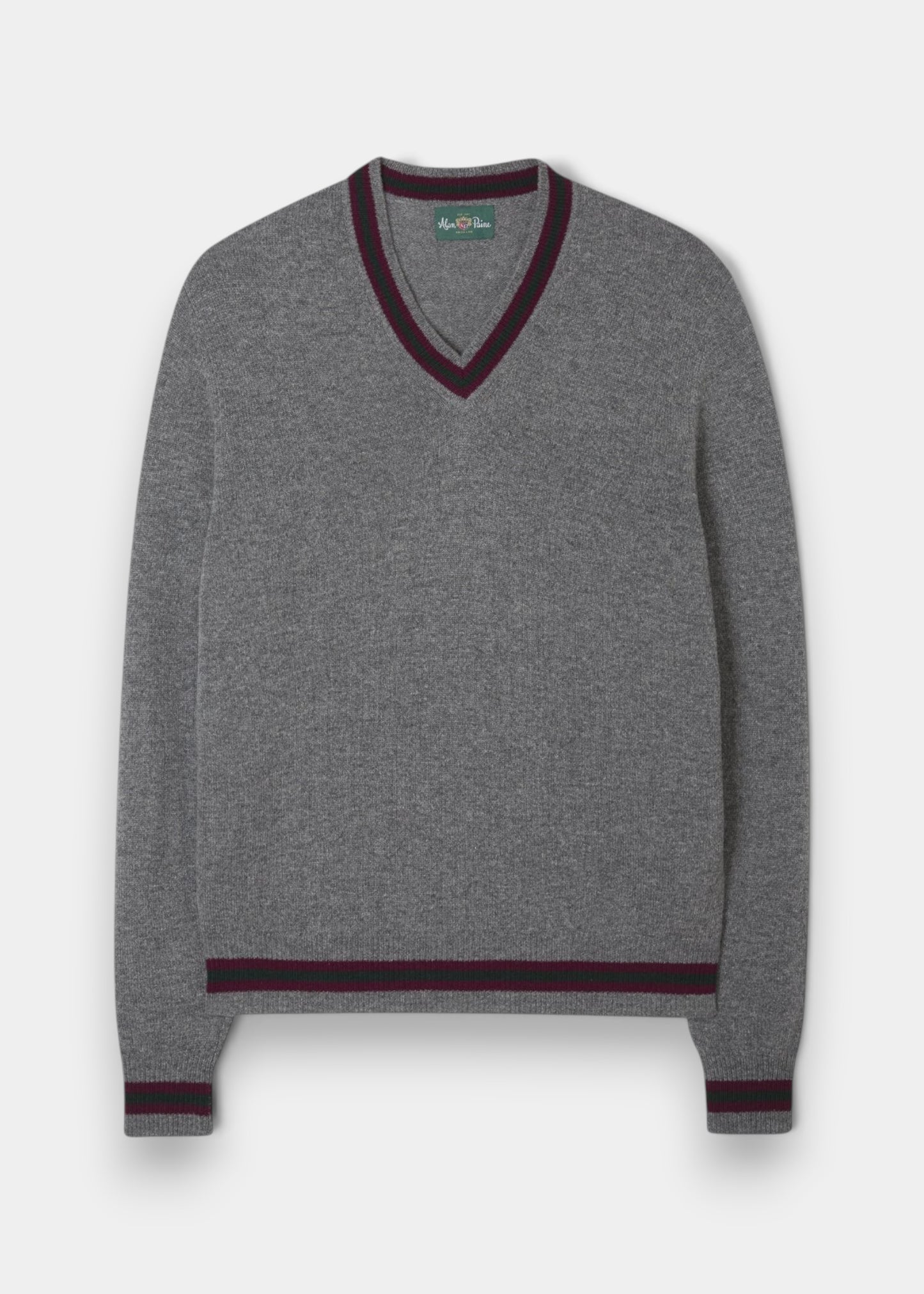 Alan Paine grey lambswool V-neck sweater with heritage-coloured trim on the collar, cuffs, and hem.