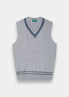 Alan Paine light grey merino wool cable-knit cricket slipover with denim and derby blue trim on a v-neck collar.