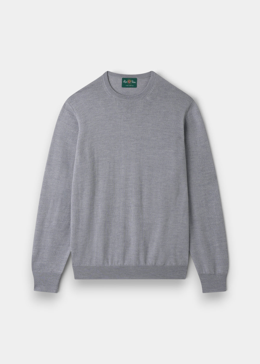 Alan Paine grey mix crew neck jumper in fine Italian merino wool with ribbed hem and cuffs