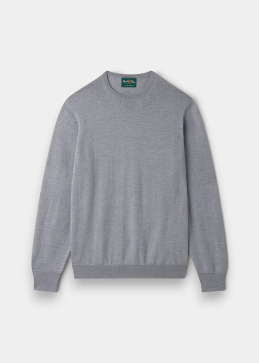 Alan Paine grey mix crew neck jumper in fine Italian merino wool with ribbed hem and cuffs