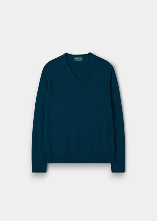 Alan Paine Haddington v-neck jumper in bottle blue 100% cashmere with ribbed hem and cuffs