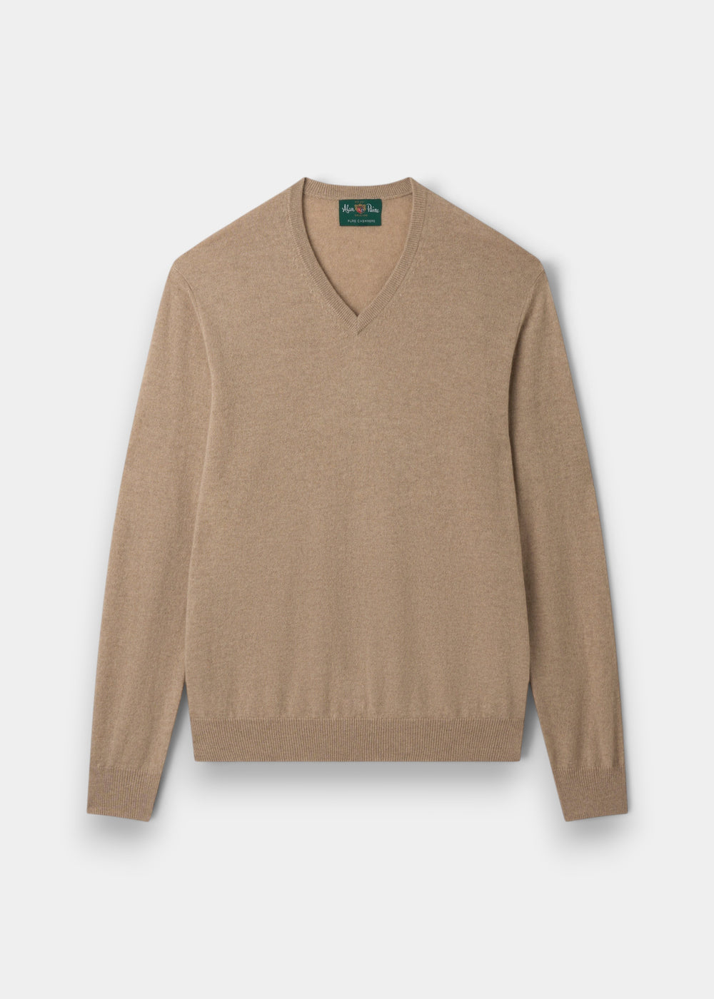 Alan Paine Haddington v-neck jumper in linen beige 100% cashmere with ribbed hem and cuffs