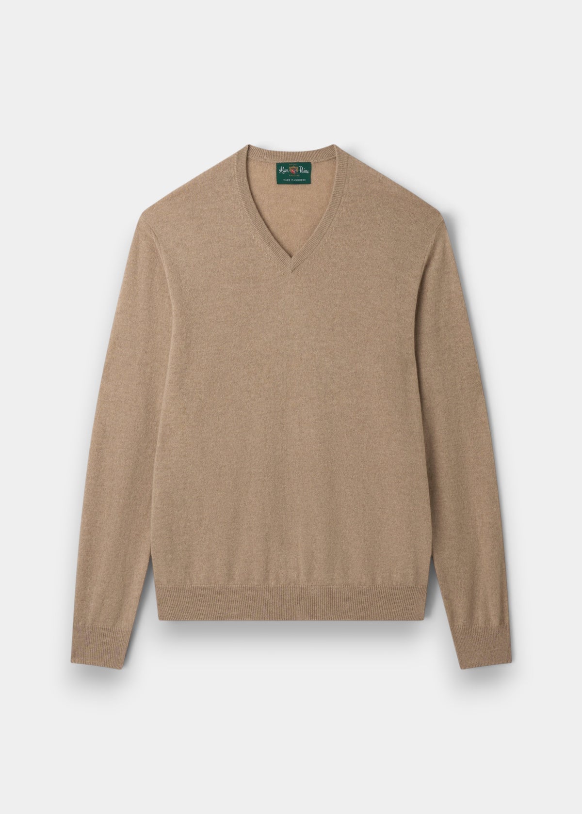 Alan Paine Haddington v-neck jumper in linen beige 100% cashmere with ribbed hem and cuffs