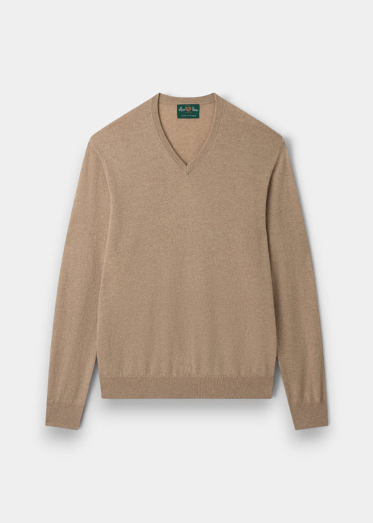 Alan Paine Haddington v-neck jumper in linen beige 100% cashmere with ribbed hem and cuffs