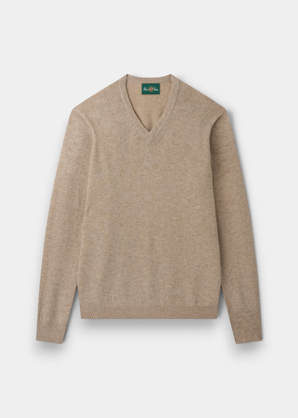 Hampshire Lambswool V-Neck Jumper in Linen, classic fit, ribbed cuffs, green label, laid flat on white.