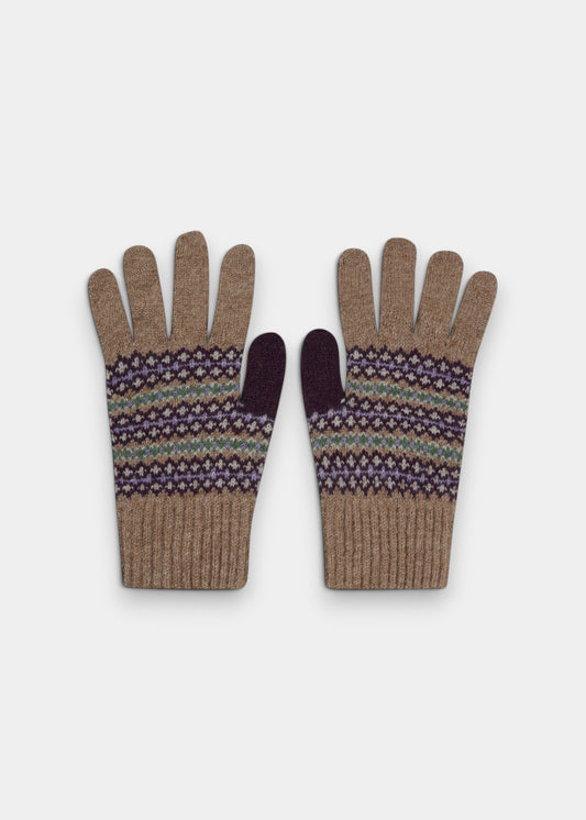 Alan Paine Imogen ladies pecan knitted wool gloves with a purple and green fair isle pattern on a light background.