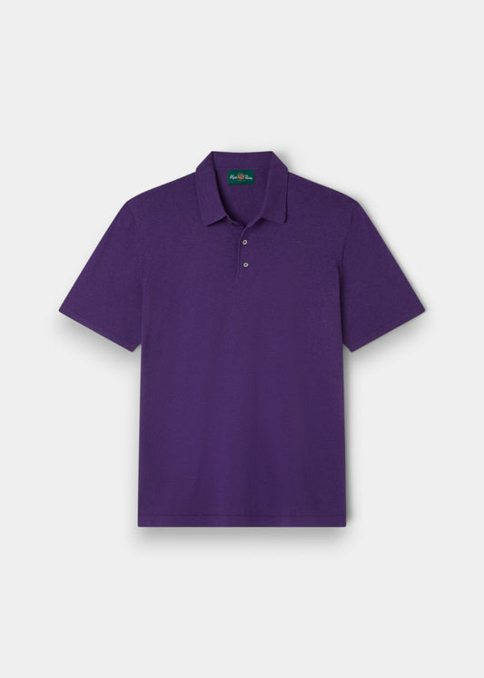 Alan Paine imperial purple luxury polo shirt in a soft blend of Pima cotton, silk, and cashmere with a ribbed hem.