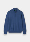 Alan Paine Selhurst indigo quarter zip jumper in a soft Pima cotton and cashmere blend with ribbed cuffs and hem.