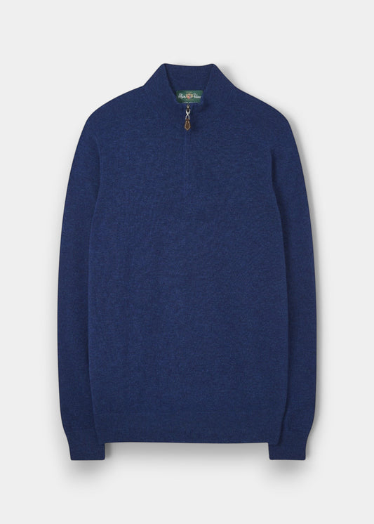 Alan Paine Cairns indigo Geelong wool quarter zip jumper with mock neck and ribbed cuffs in a regular fit