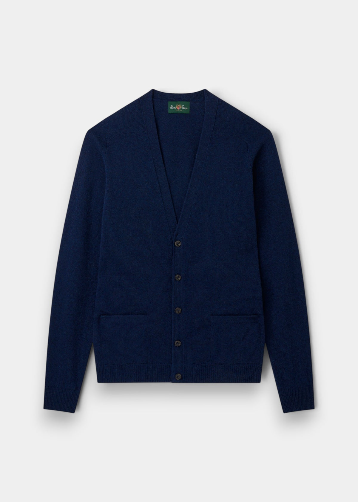 Alan Paine Cornwall indigo lambswool cardigan with a V-neck, five-button front, and two jetted pockets.