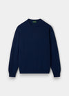 Alan Paine Dorset men's crew neck jumper in indigo blue, crafted from soft lambswool with a classic saddle shoulder.