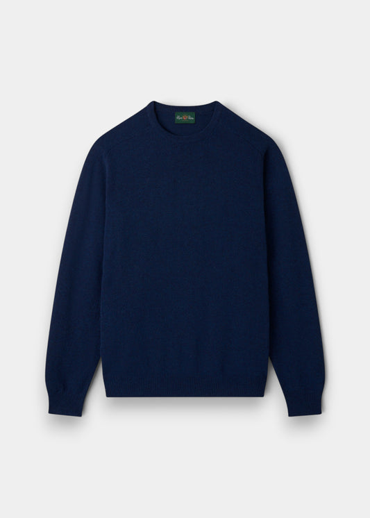 Alan Paine Dorset men's crew neck jumper in indigo blue, crafted from soft lambswool with a classic saddle shoulder.