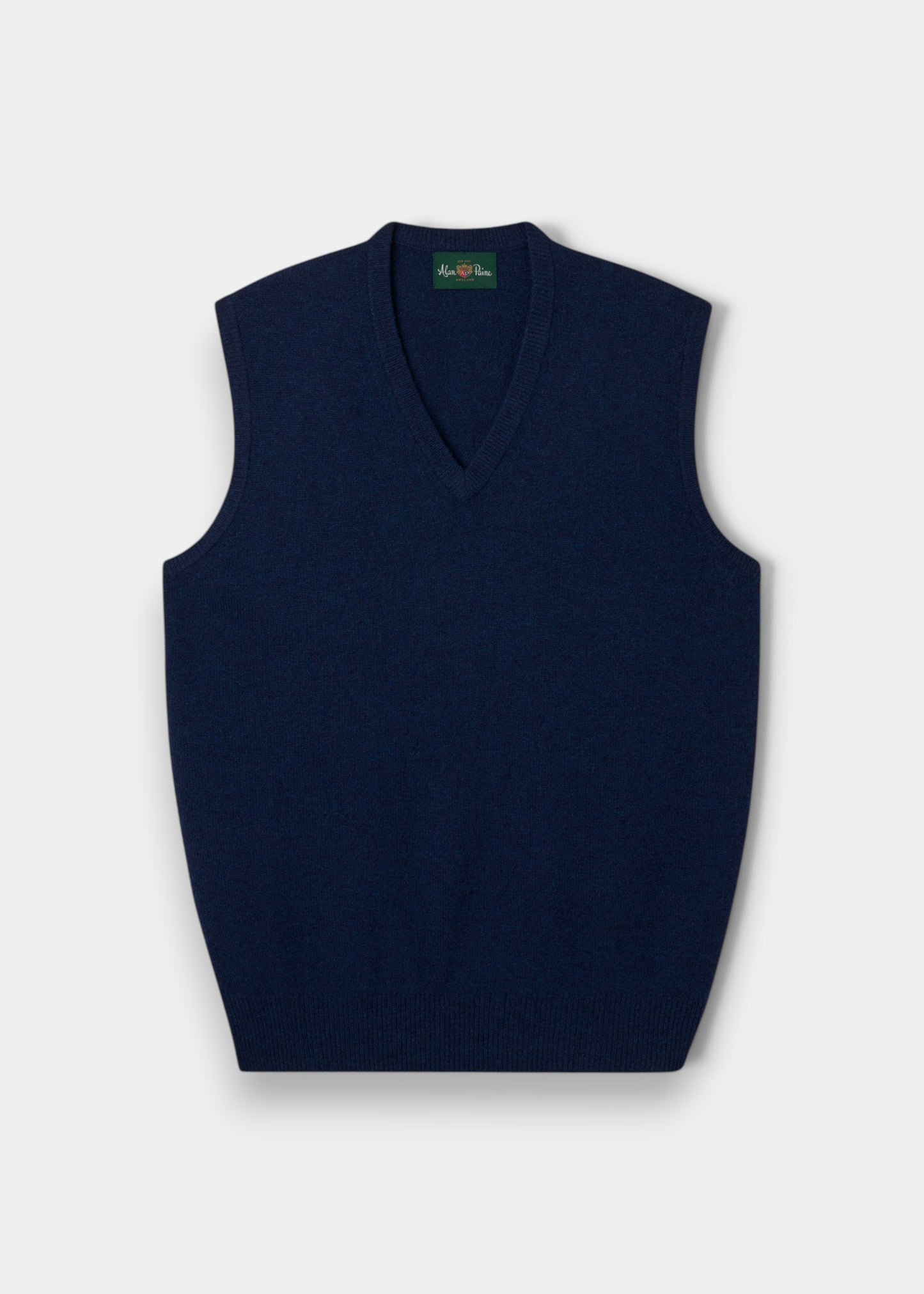 Alan Paine Norfolk indigo lambswool V-neck slipover with a classic fit, ribbed hem, and traditional saddle shoulder.