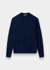 Alan Paine Hampshire indigo V-neck jumper in soft lambswool with a classic fit, saddle shoulders, and ribbed trim.