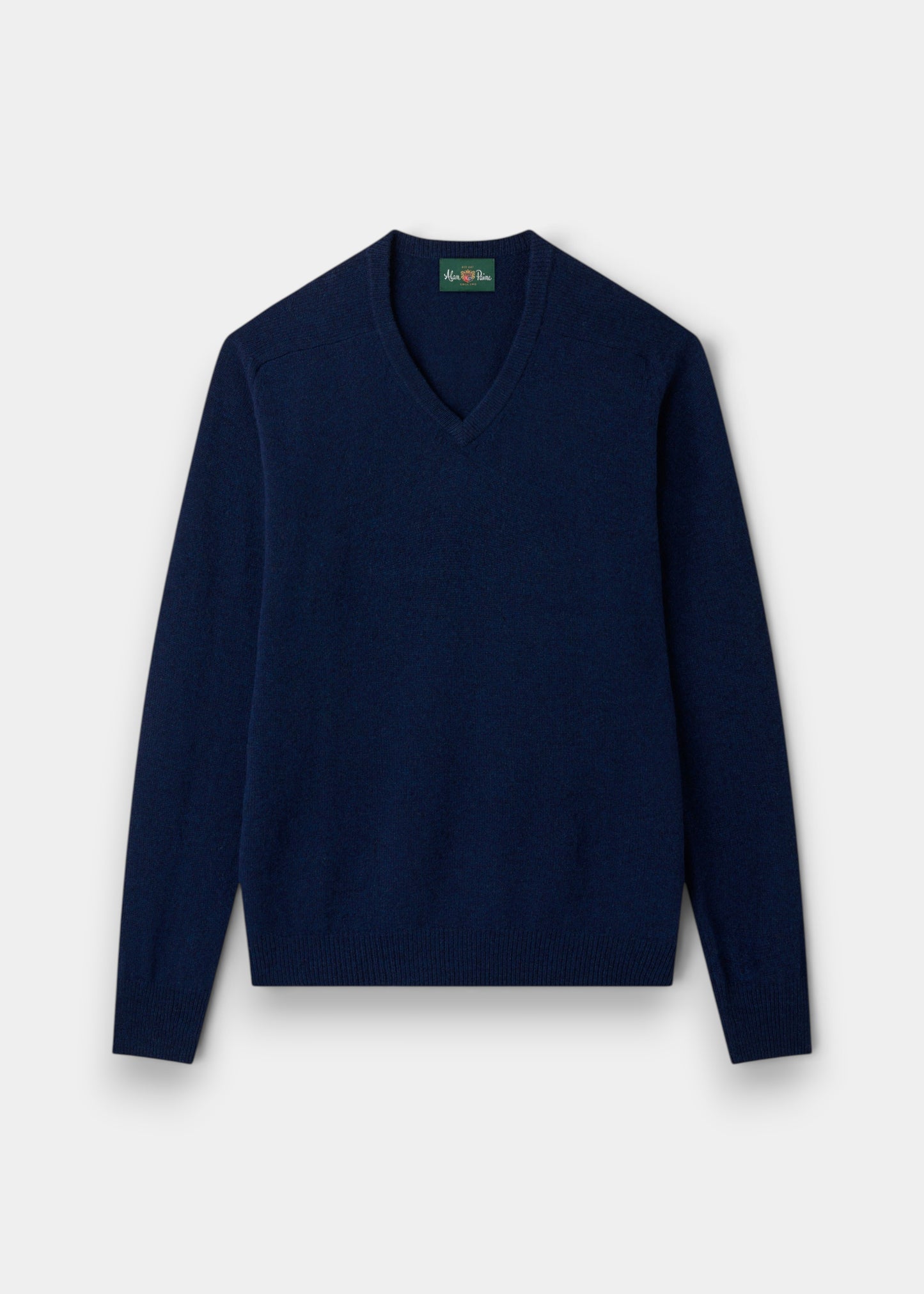 Alan Paine Hampshire indigo V-neck jumper in soft lambswool with a classic fit, saddle shoulders, and ribbed trim.