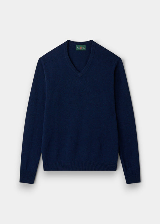 Alan Paine Hampshire indigo V-neck jumper in soft lambswool with a classic fit, saddle shoulders, and ribbed trim.