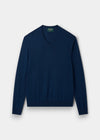 Alan Paine indigo blue v-neck jumper in 100% fine Italian merino wool with ribbed hem and cuffs