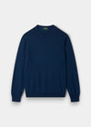 Alan Paine Radstone men's indigo crew neck jumper in soft 100% fine Italian merino wool with ribbed hem and cuffs.