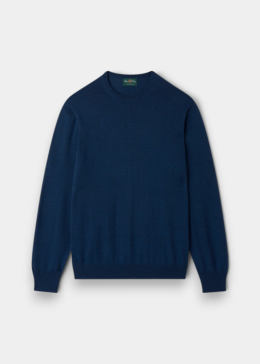 Alan Paine Radstone men's indigo crew neck jumper in soft 100% fine Italian merino wool with ribbed hem and cuffs.