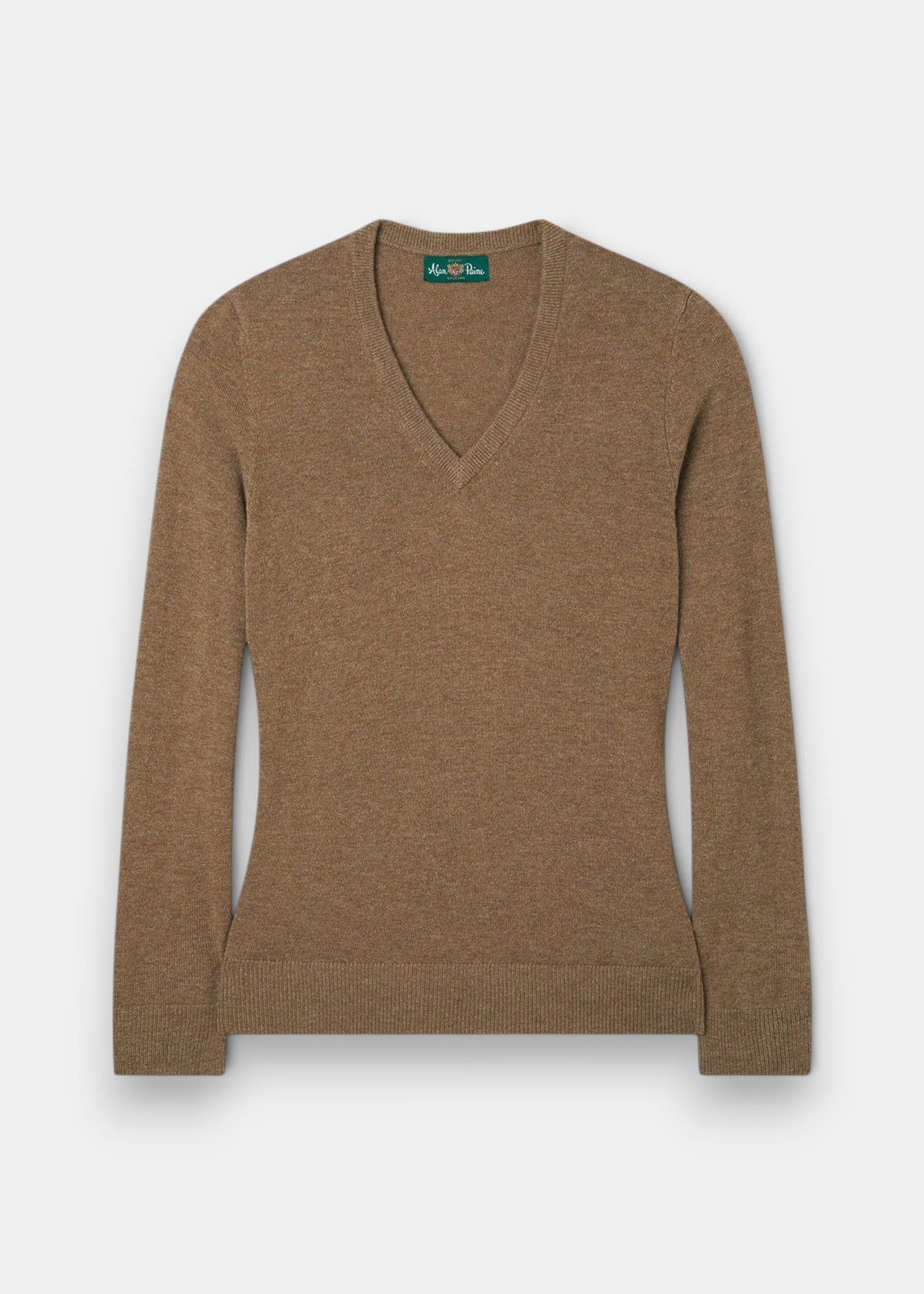 Isla Wool & Cashmere V-Neck Jumper in Pecan, regular fit, long sleeves, ribbed cuffs and hem on white background.