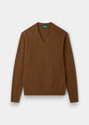 Alan Paine Kilsyth men's V-neck jumper in driftwood brown lambswool with saddle shoulder and ribbed hem