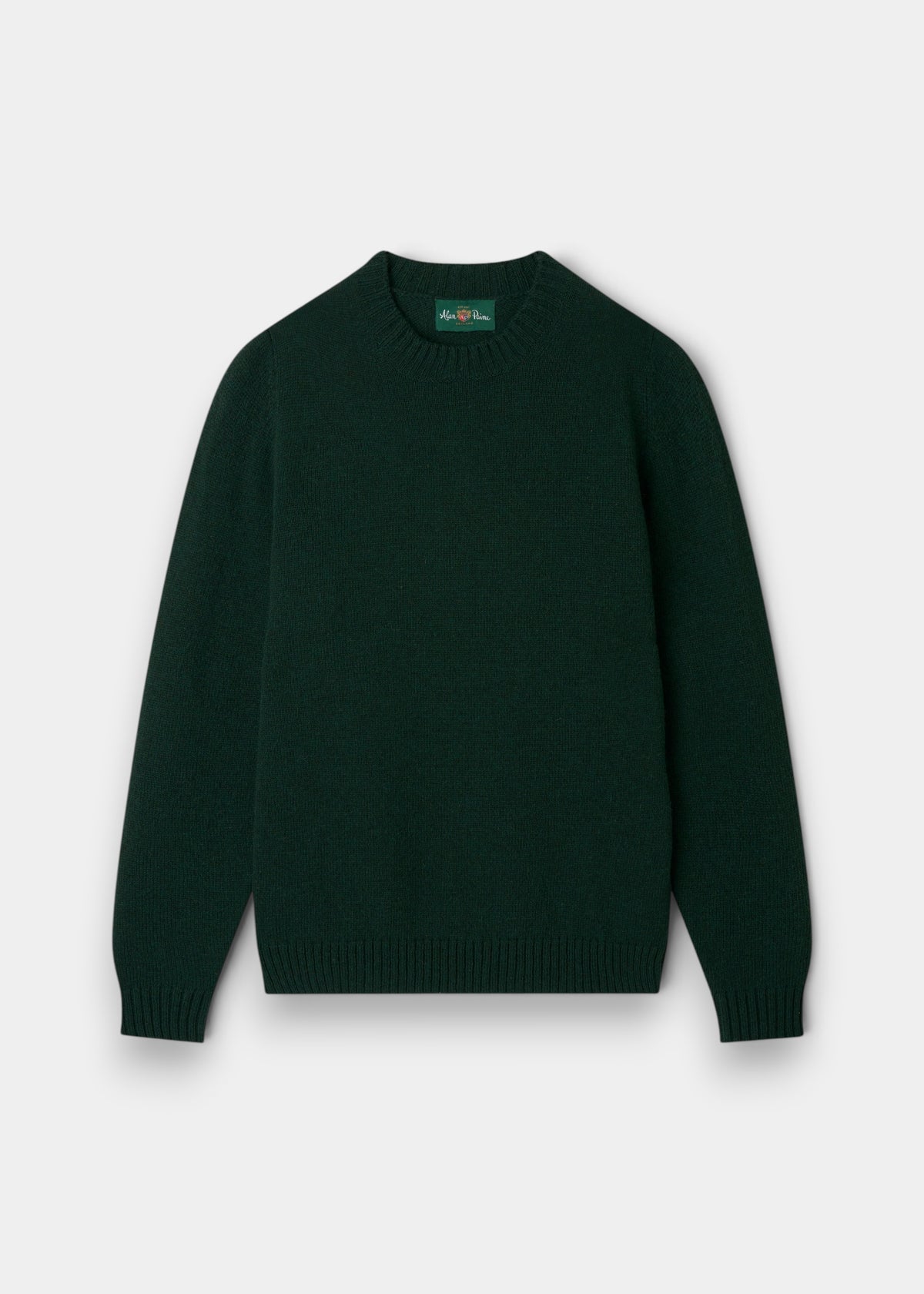 Kinnadie Supersoft Shetland Wool Crew in Cossack—dark green, ribbed cuffs/hem/collar; premium men’s knitwear.