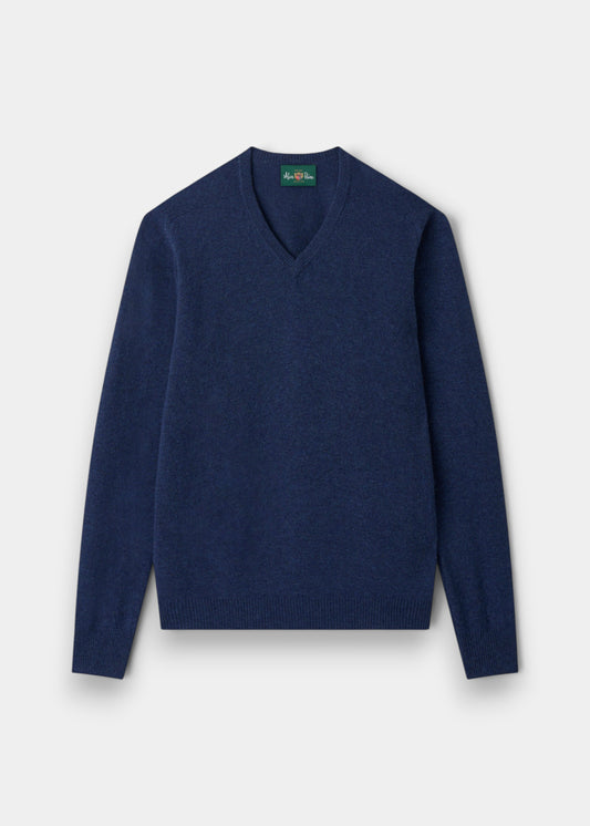 Alan Paine Hampshire lambswool V-neck jumper in rhapsody blue with saddle shoulder and ribbed cuffs.