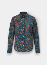 Lawen blue floral cotton shirt, regular fit, long sleeves, button-up front, minimal iron; shown laid flat on white.