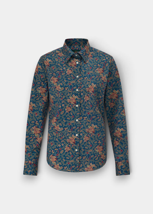 Alan Paine Lawen ladies blue floral print cotton shirt with a flattering darted fit and long length