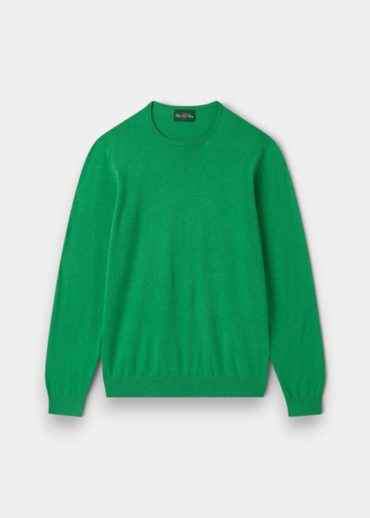 Alan Paine men's luxury leaf green crew neck jumper in a soft pima cotton, silk, and cashmere blend.
